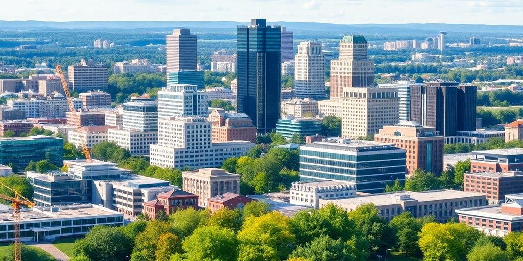 Rochester skyline with commercial buildings and construction cranes.