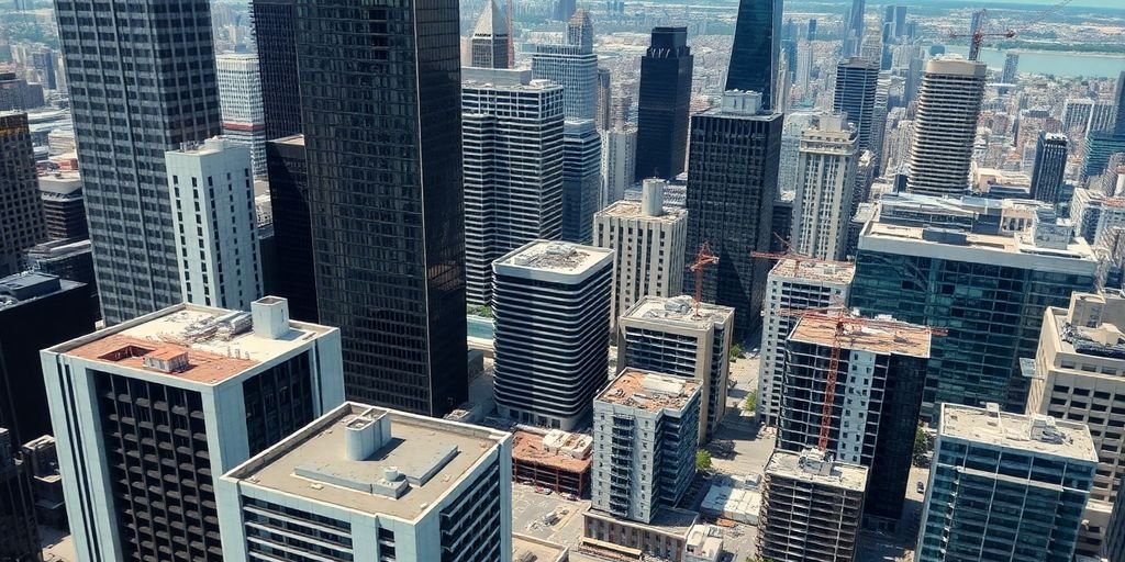 City skyline with vacant office buildings and construction sites.