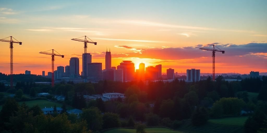 Modern skyline with construction cranes in Pacific Northwest.