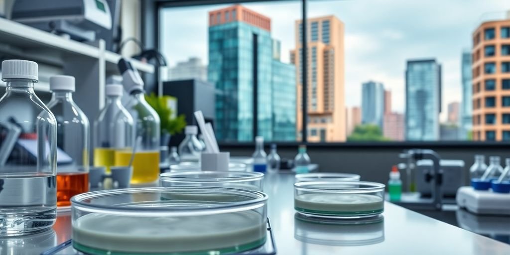 Laboratory with scientific equipment and urban backdrop.