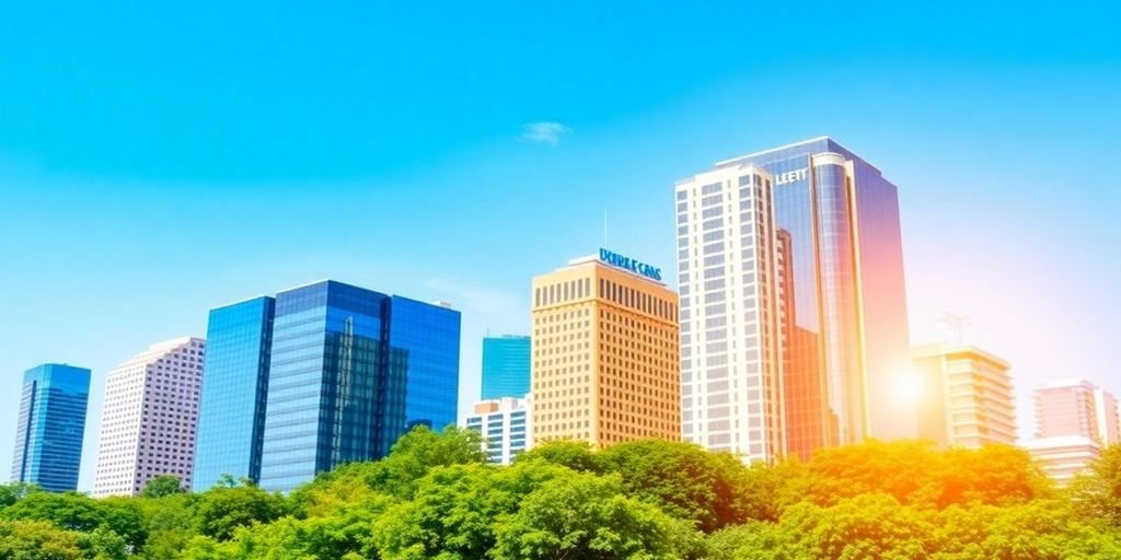 Modern skyline featuring commercial buildings and greenery.