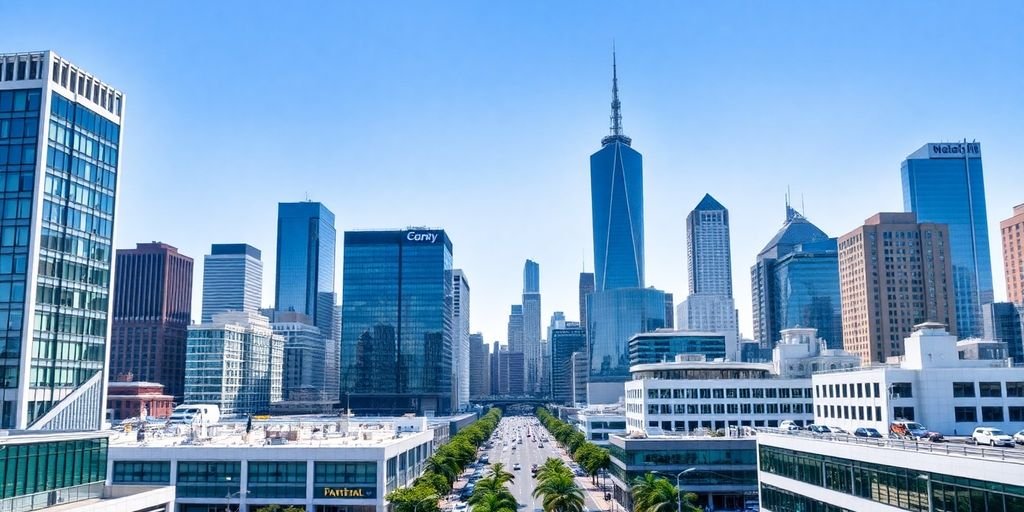 City skyline with modern commercial buildings and blue sky.