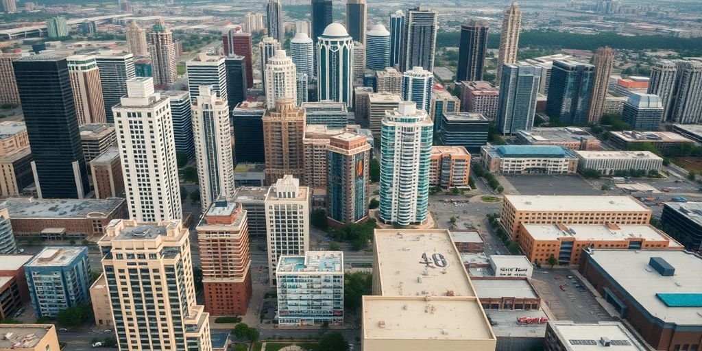 Aerial view of varied commercial real estate properties.