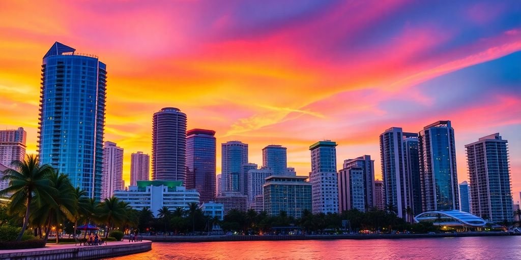 Miami skyline at sunset with buildings and palm trees.