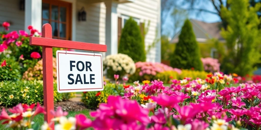 Colorful house for sale in a blooming spring setting.